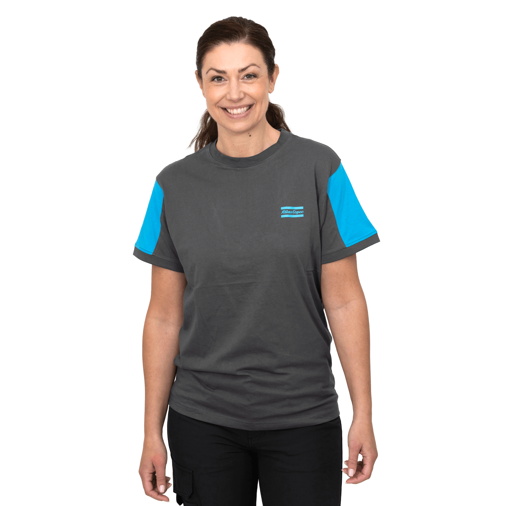 grey tshirt with blue sleeves and atlas copco logo