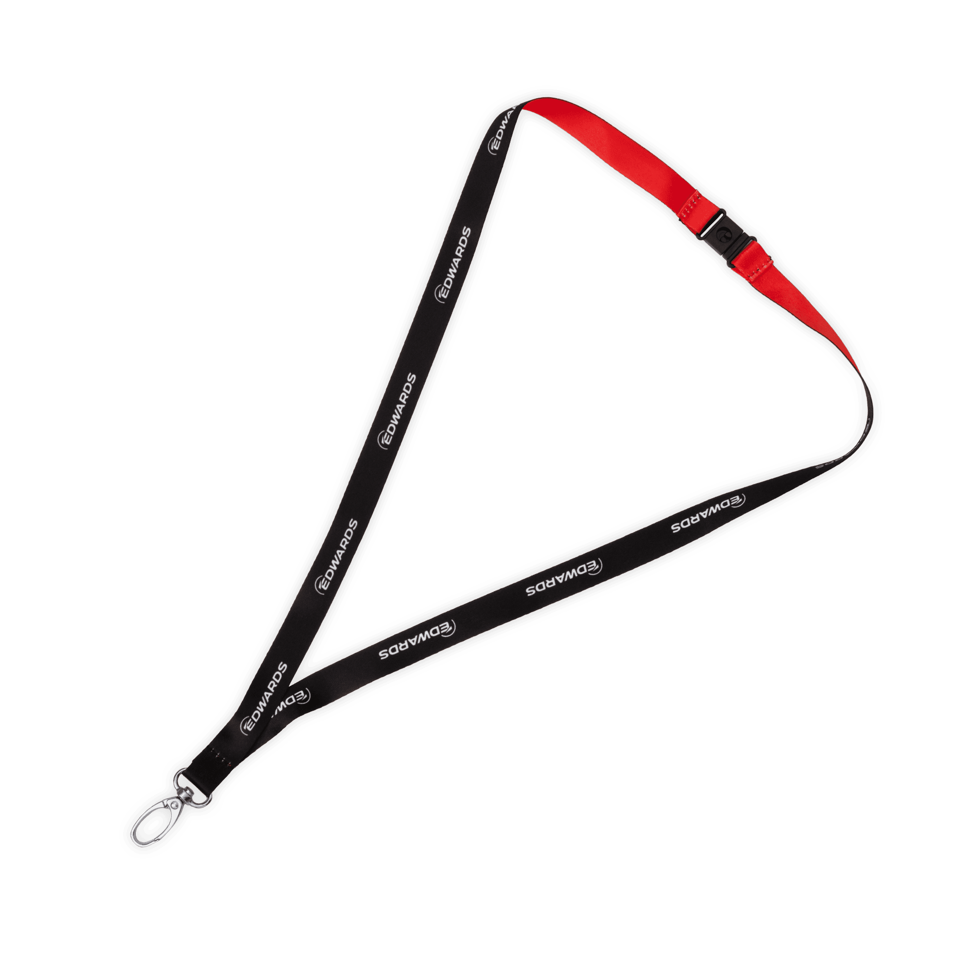 Red and black lanyard with white logo and safety buckle 