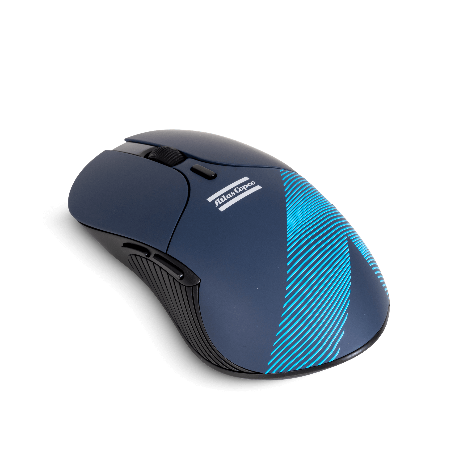 Blue mouse with atlas copco logo and wave pattern