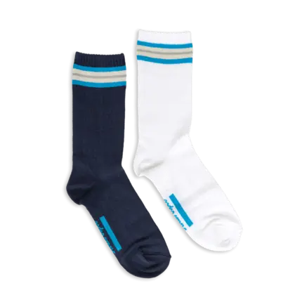 Navy blue socks in a box, atlas copco branded