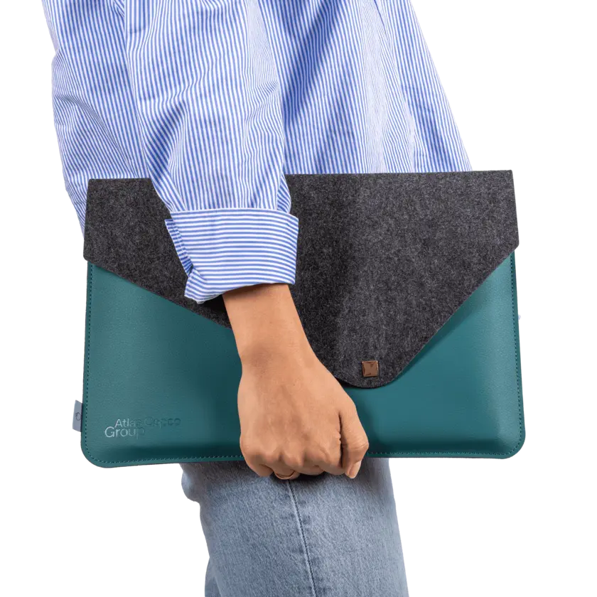 Teal laptop sleeve with polyester lid handheld