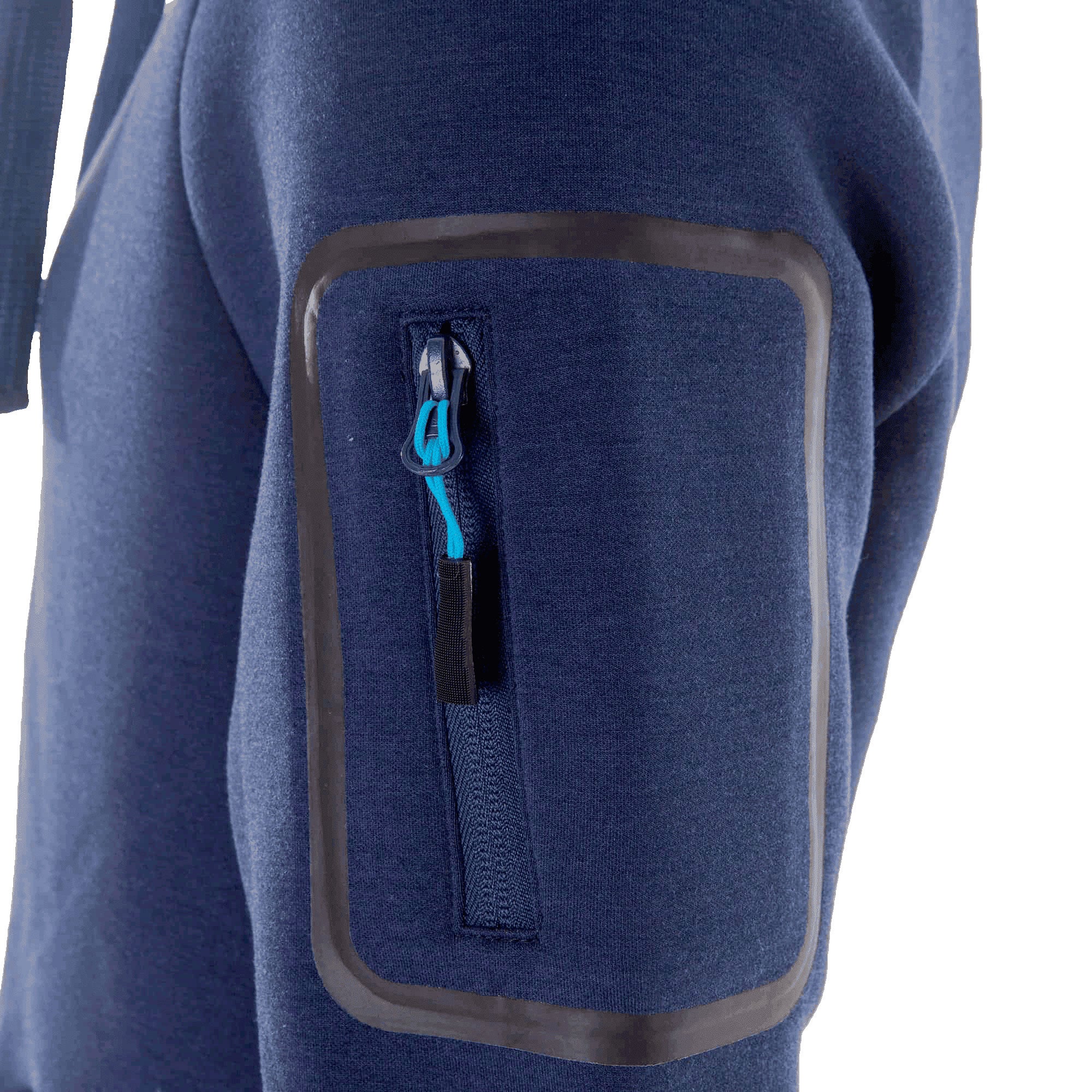 navy blue hoodie with left arm pocket