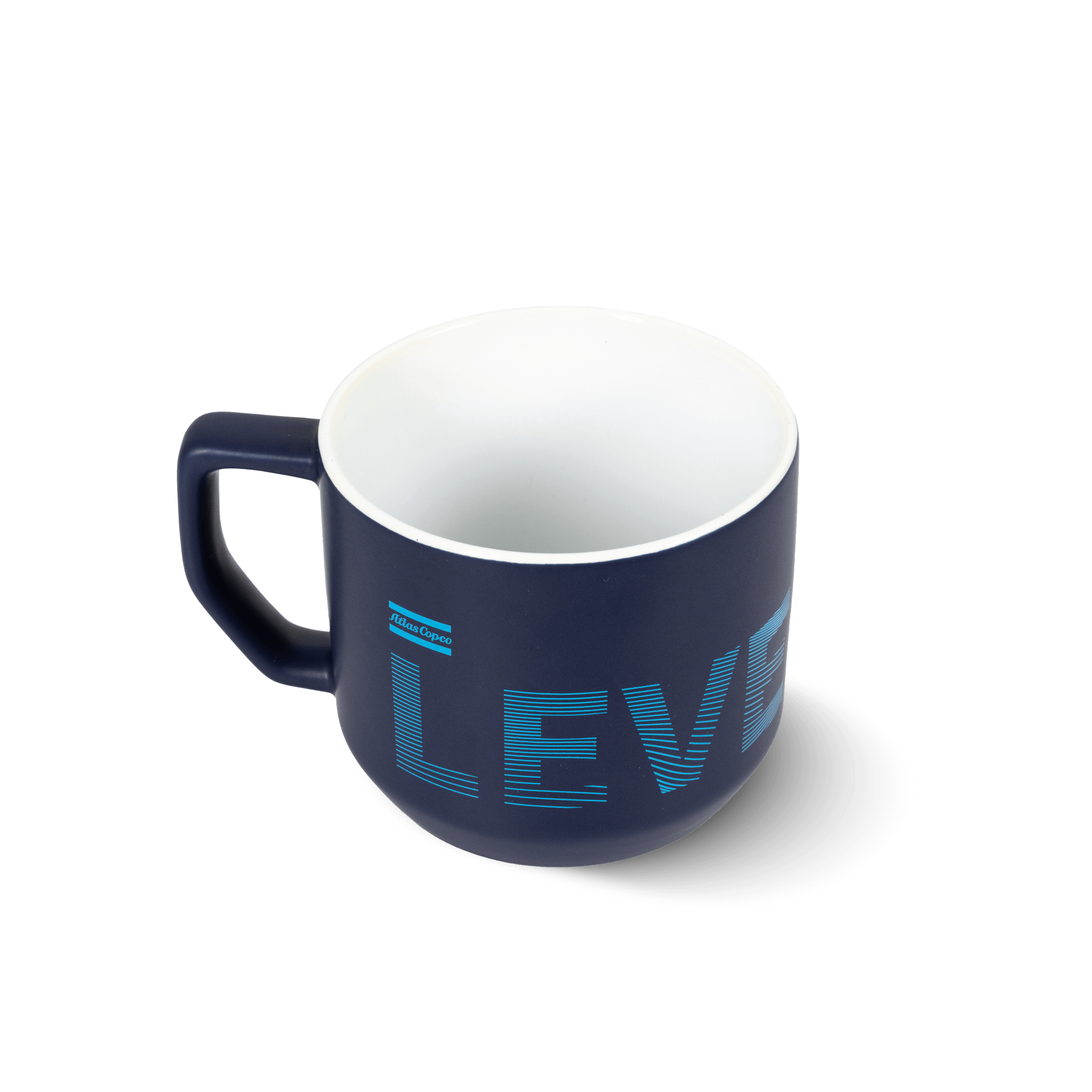 blue cheramic mug with atlas copco logo and copy