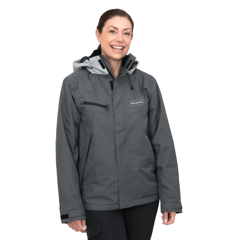 grey work wear jacket on female model