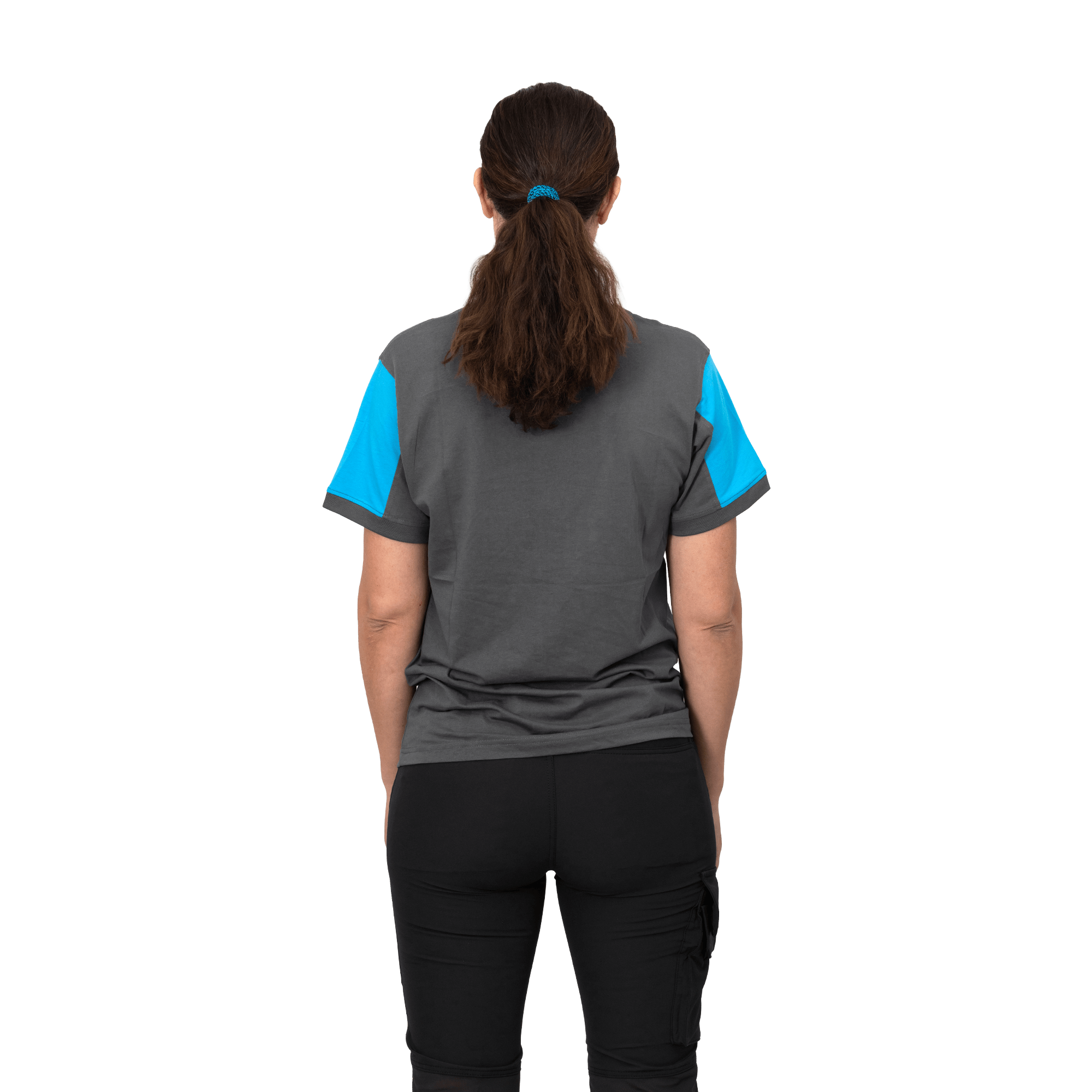 grey tshirt with blue sleeves 