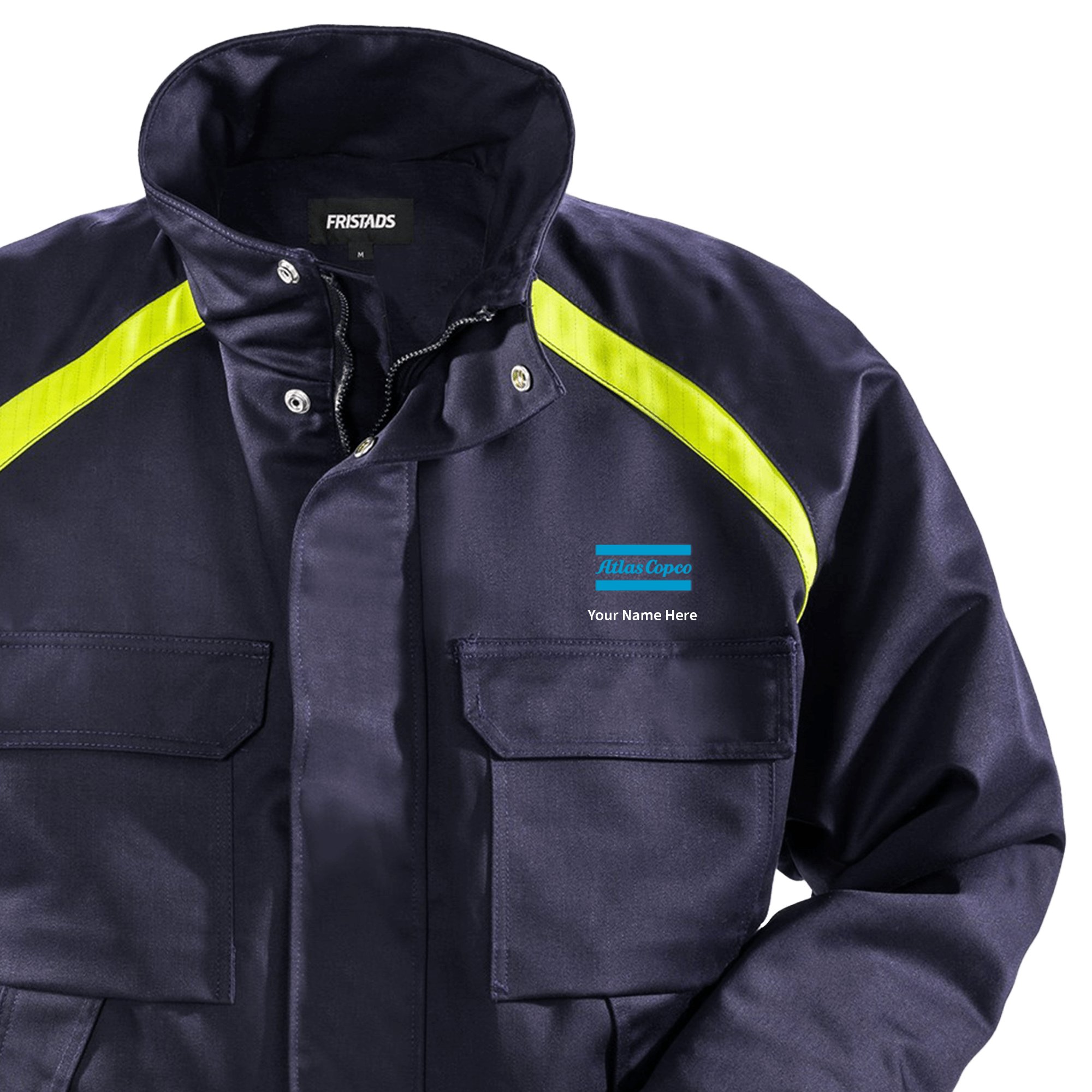 blue jacket with atals copco logo