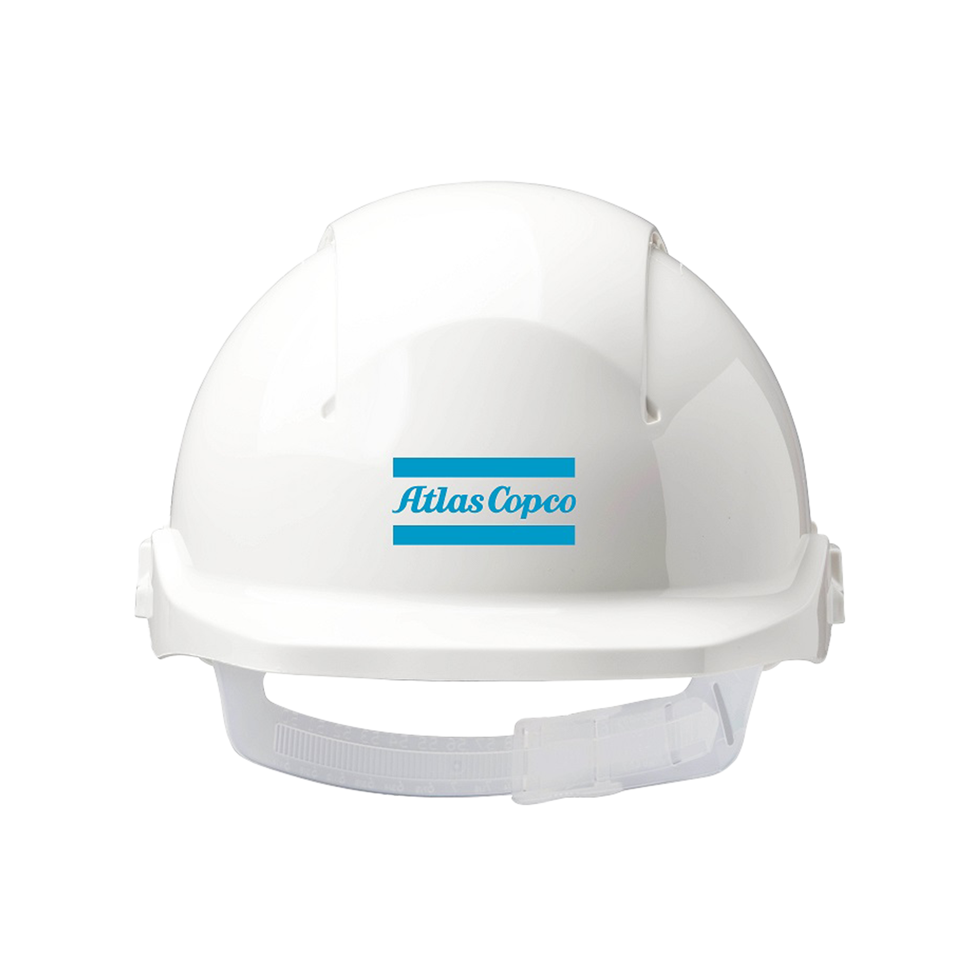 white hard hat blur atlas copco logo