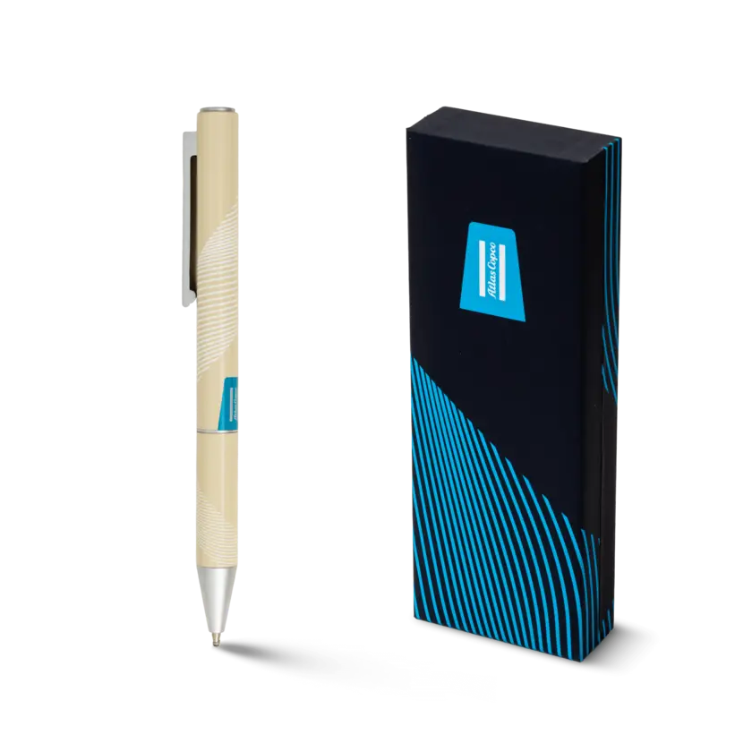 blue atlas copco pen with blue print pattern