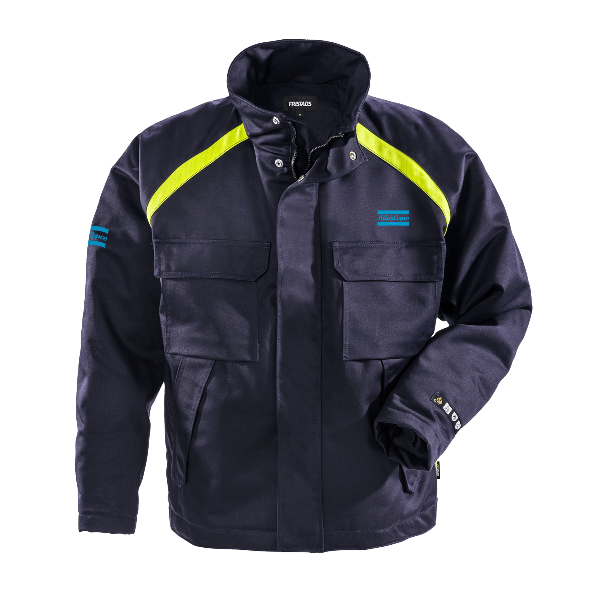 blue jacket with atals copco logo