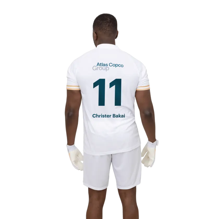 white soccer jersey clothes with atlas copco group logo back
