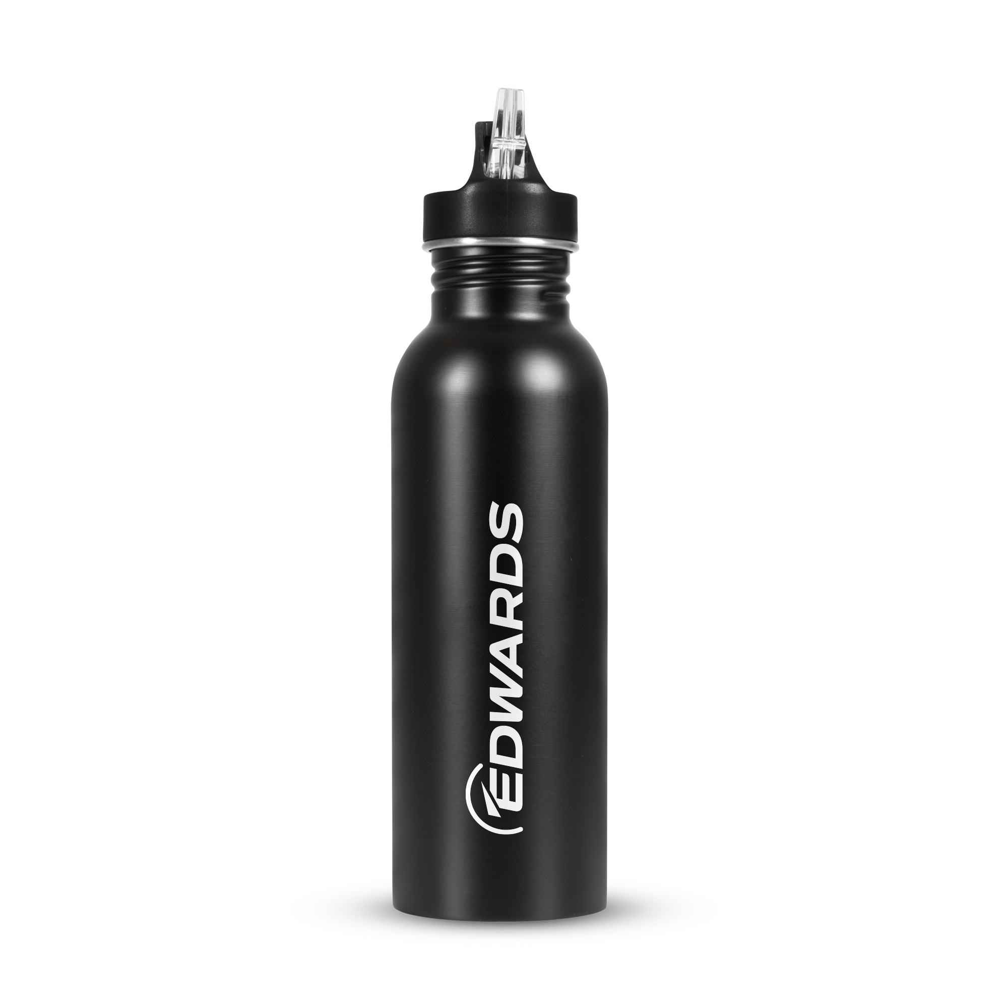 black water bottle with white edwards logo