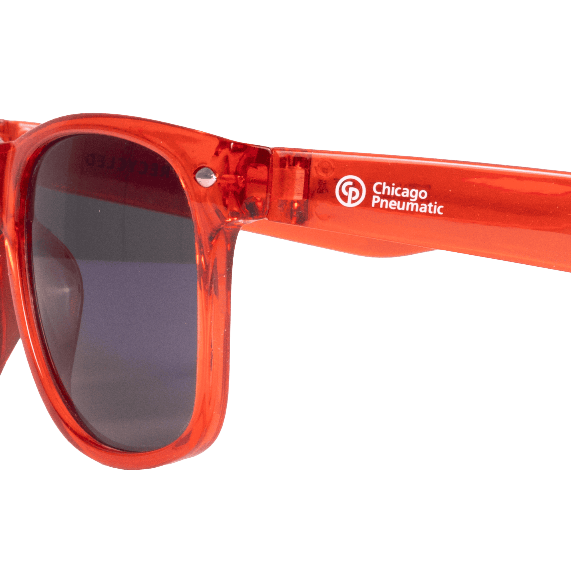 red sunglasses from side with chicago pneumatic logo in white close up