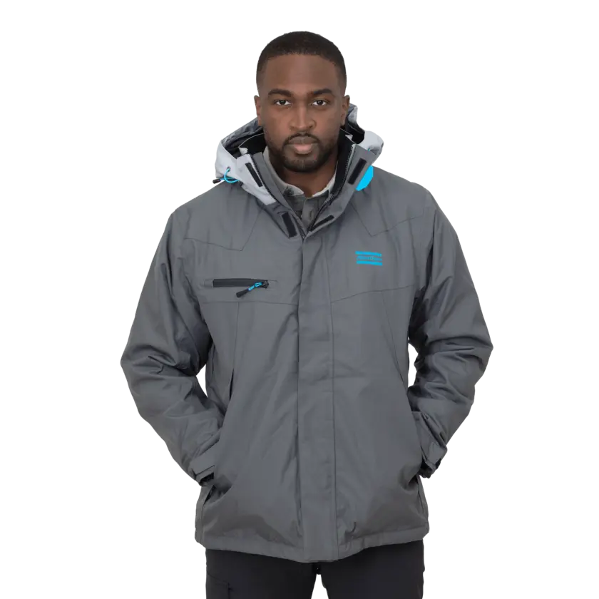 grey winter jacket with atlas copco logo in blue