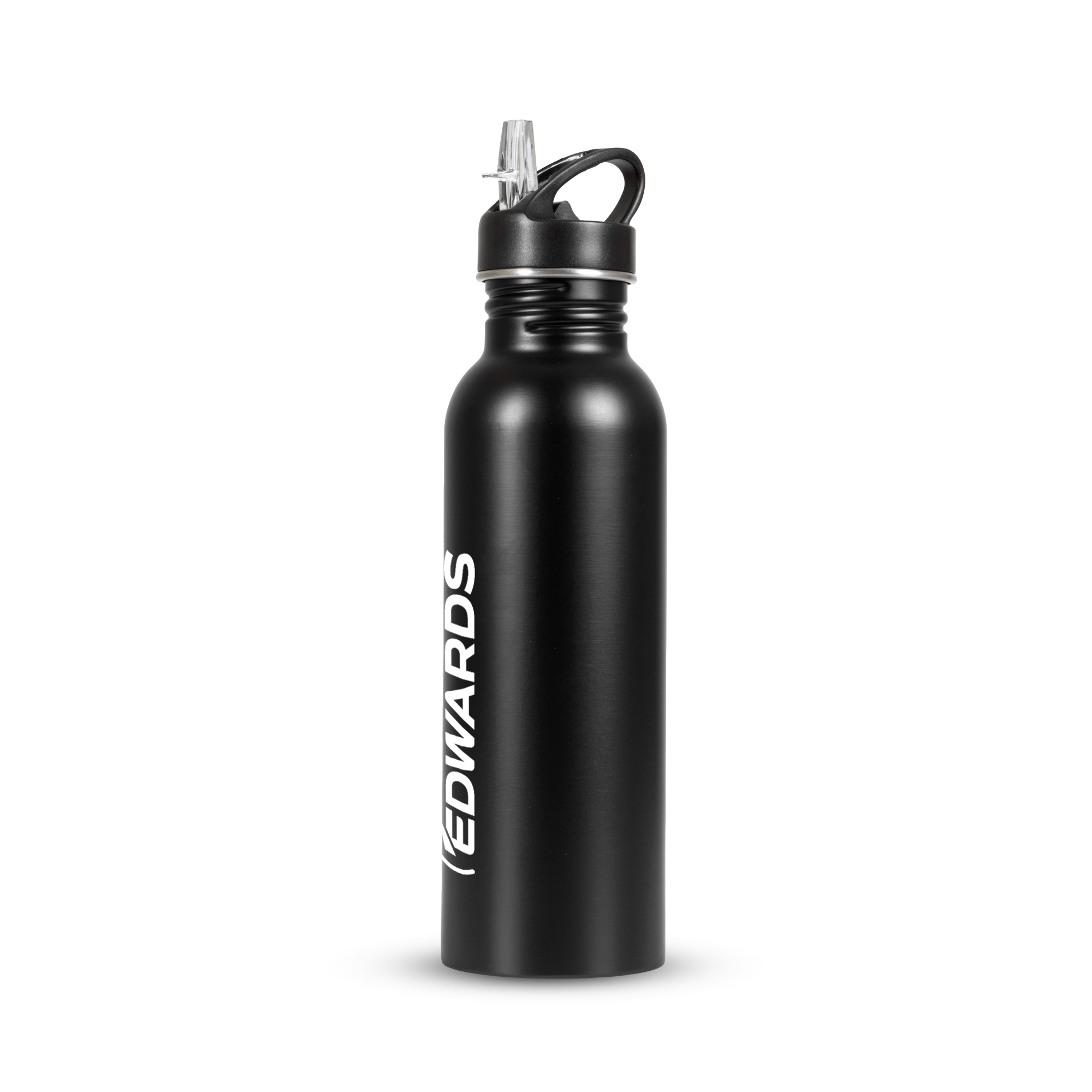 black water bottle with white edwards logo