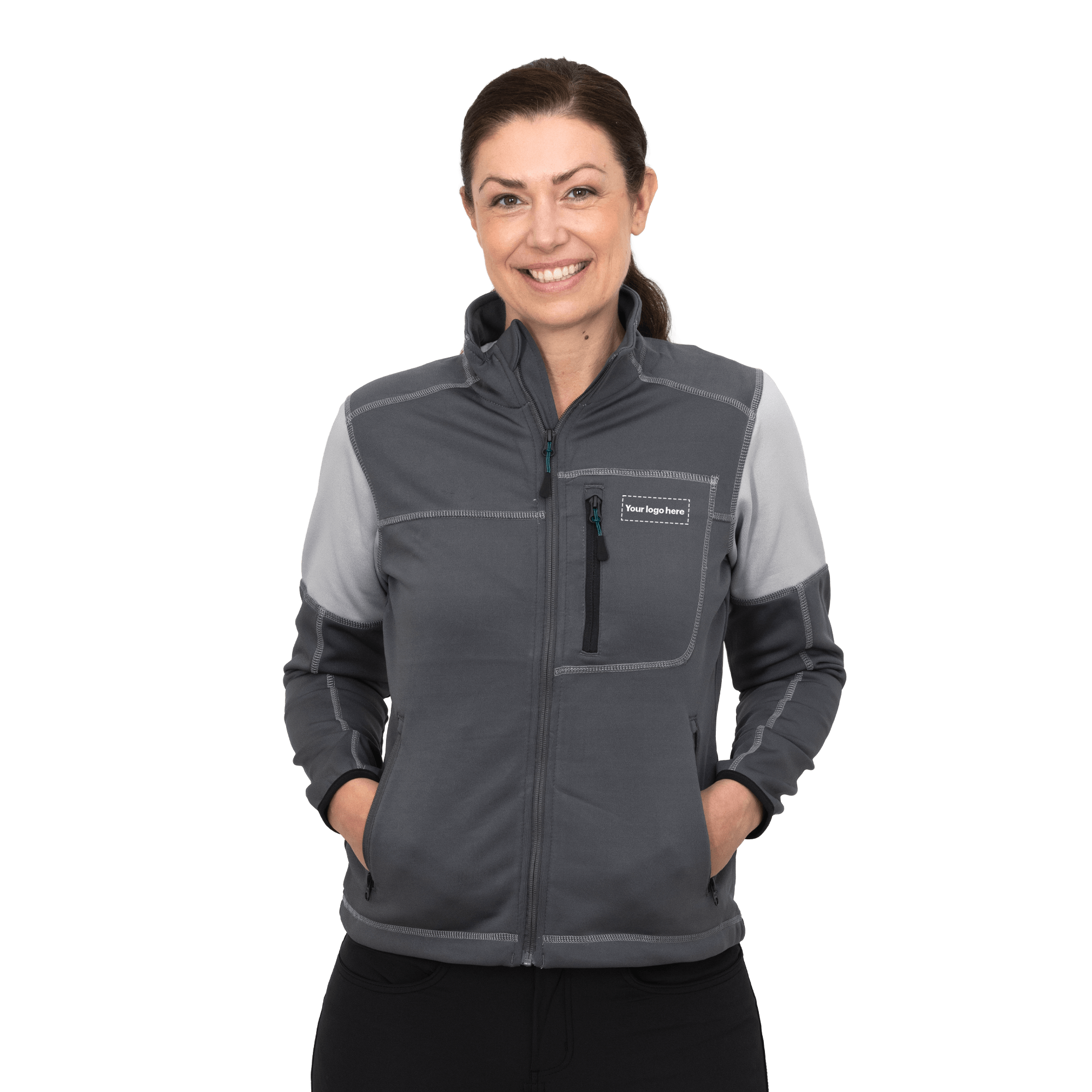 grey work fleece on female model