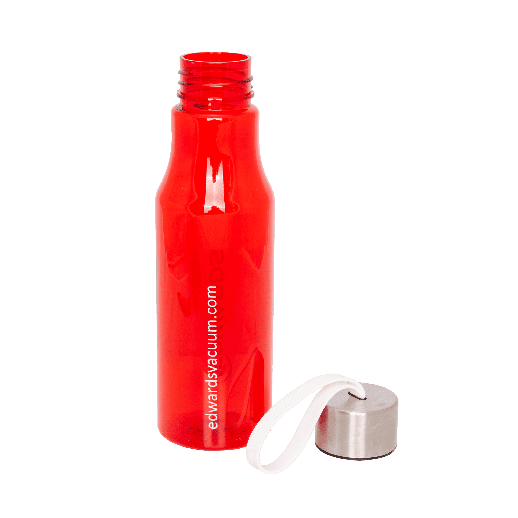 red transparent water bottle with edwards logo