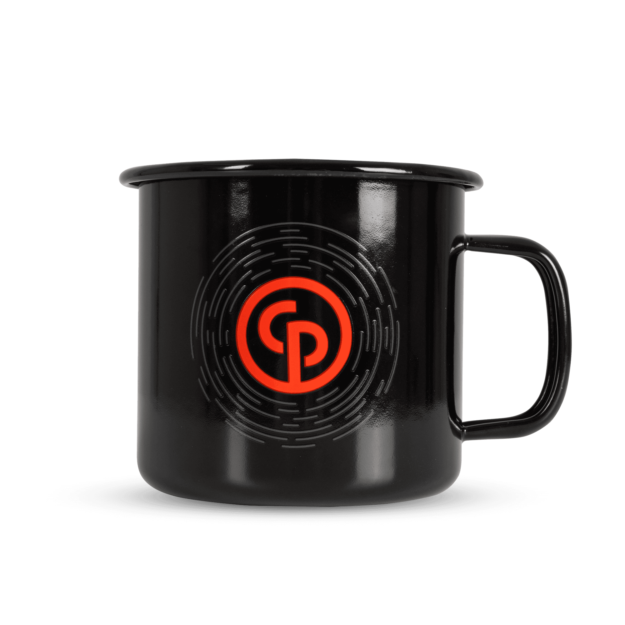 black coffee mug with chicago pneumatic logo in red