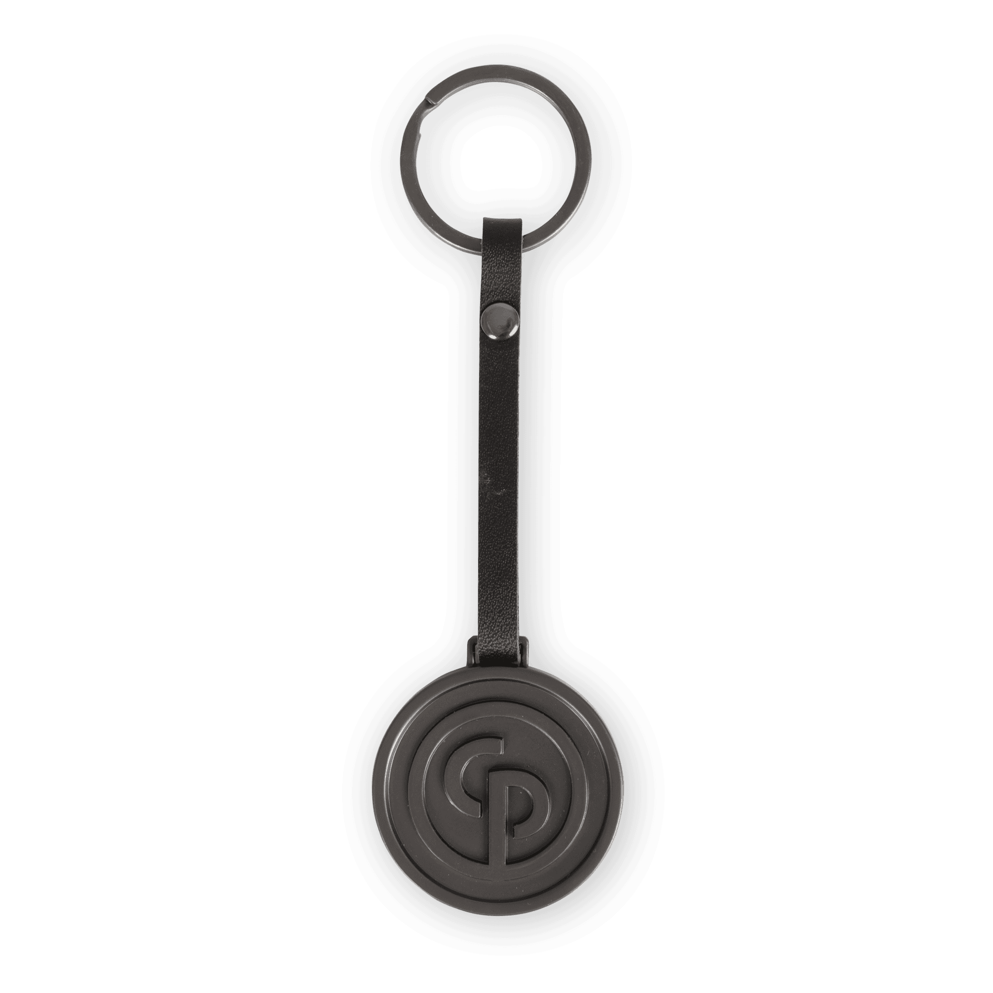 CP keyring in black steel with a debossed logo on