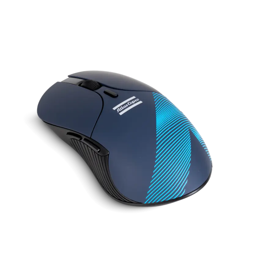 Blue mouse with atlas copco logo and wave pattern