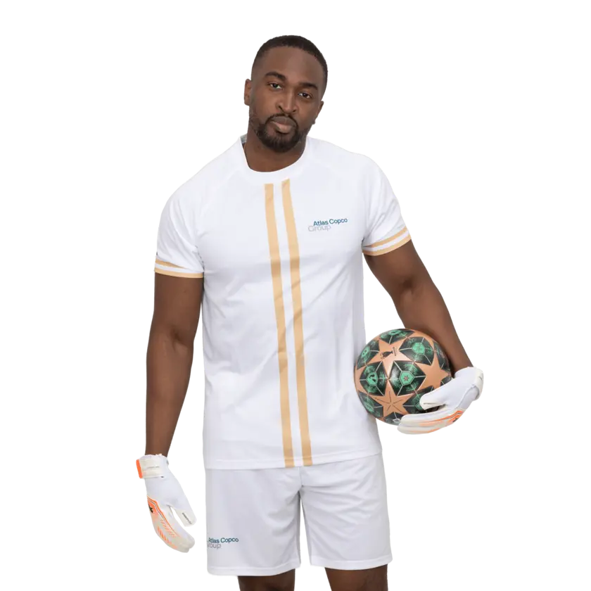 white soccer jersey clothes with atlas copco group logo