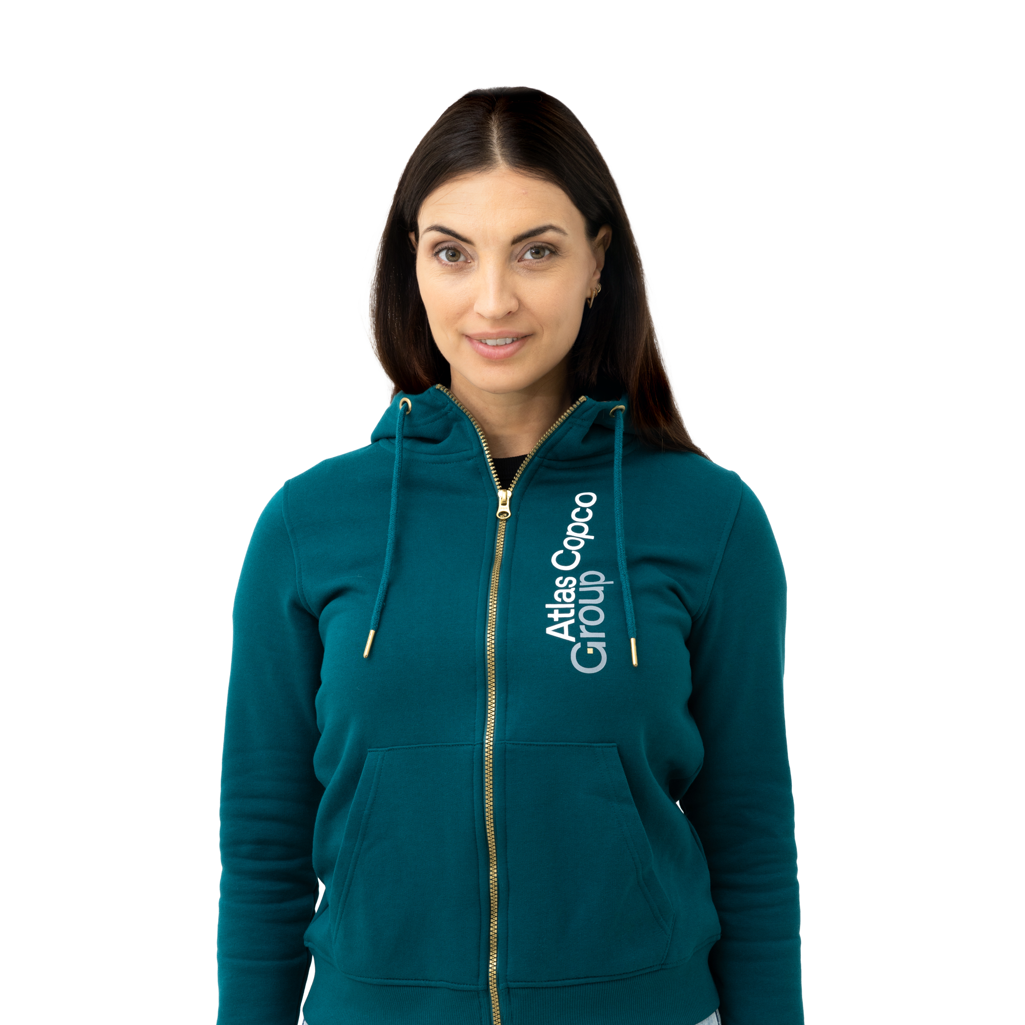 teal atlas copco group hoodie with white vertical logo