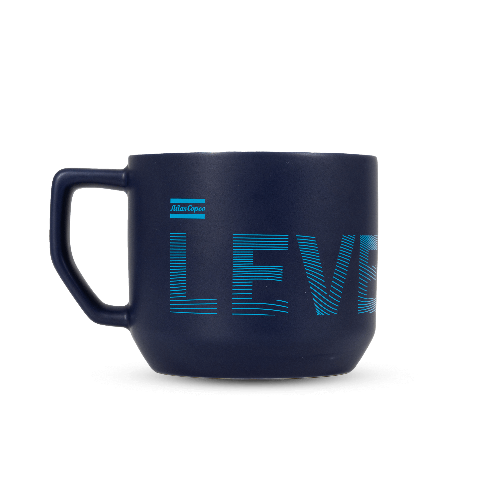 blue cheramic mug with atlas copco logo and text level up
