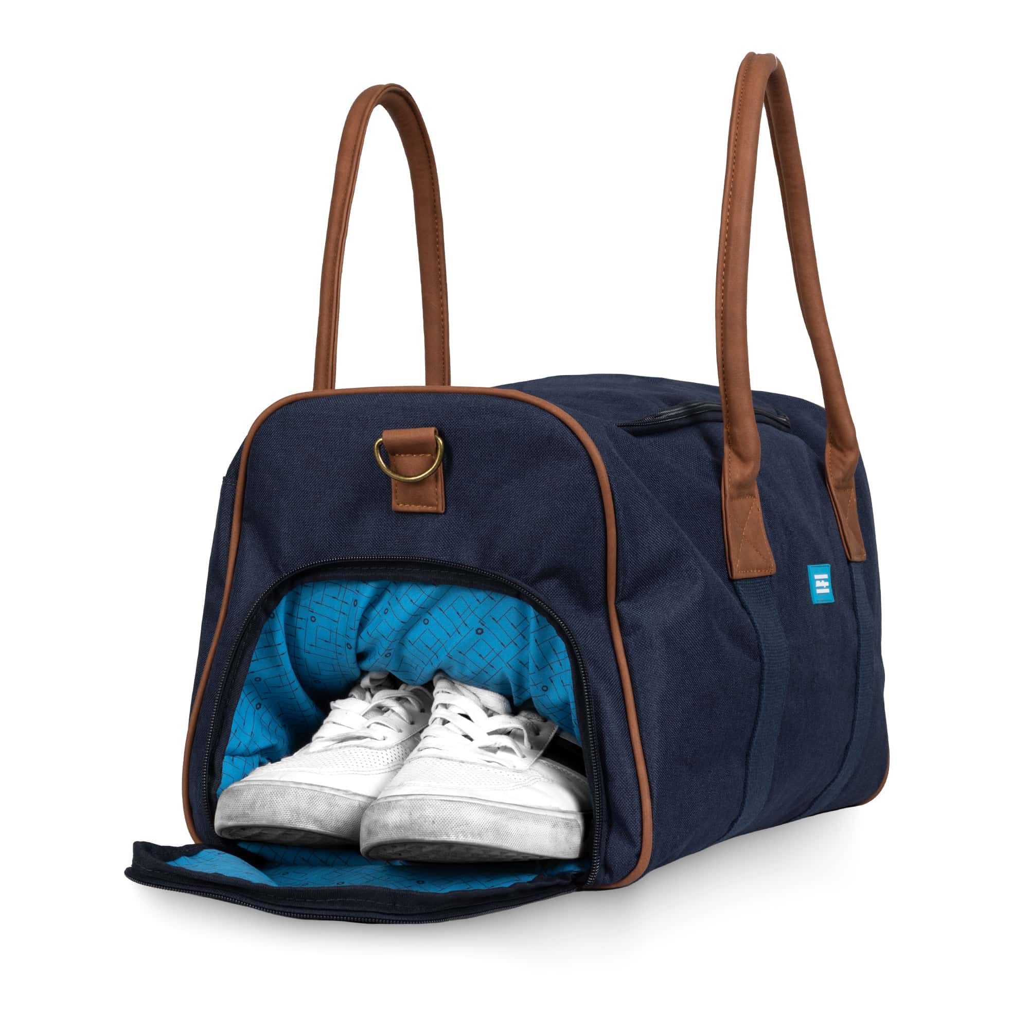 navy duffle bag leather straps shoe compartment