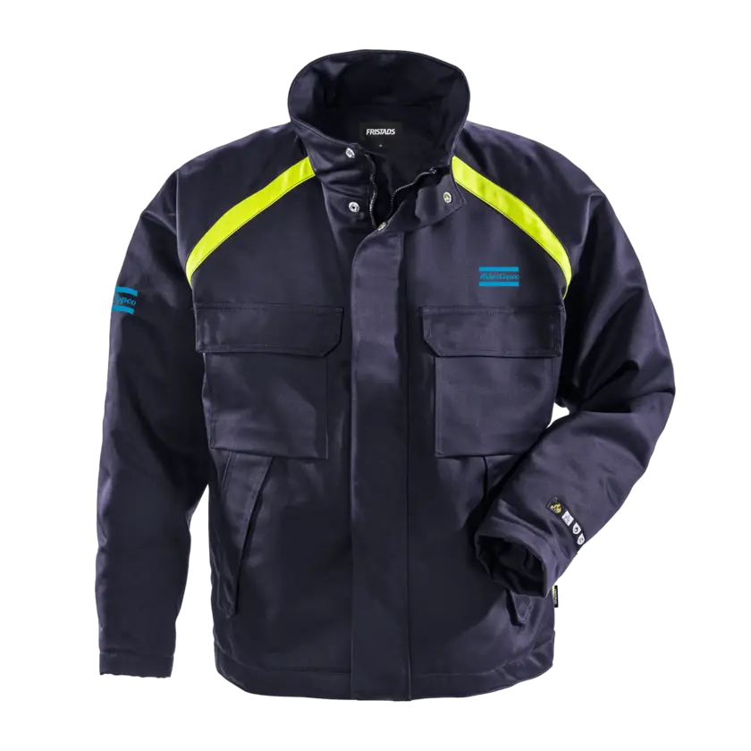 blue jacket with atals copco logo