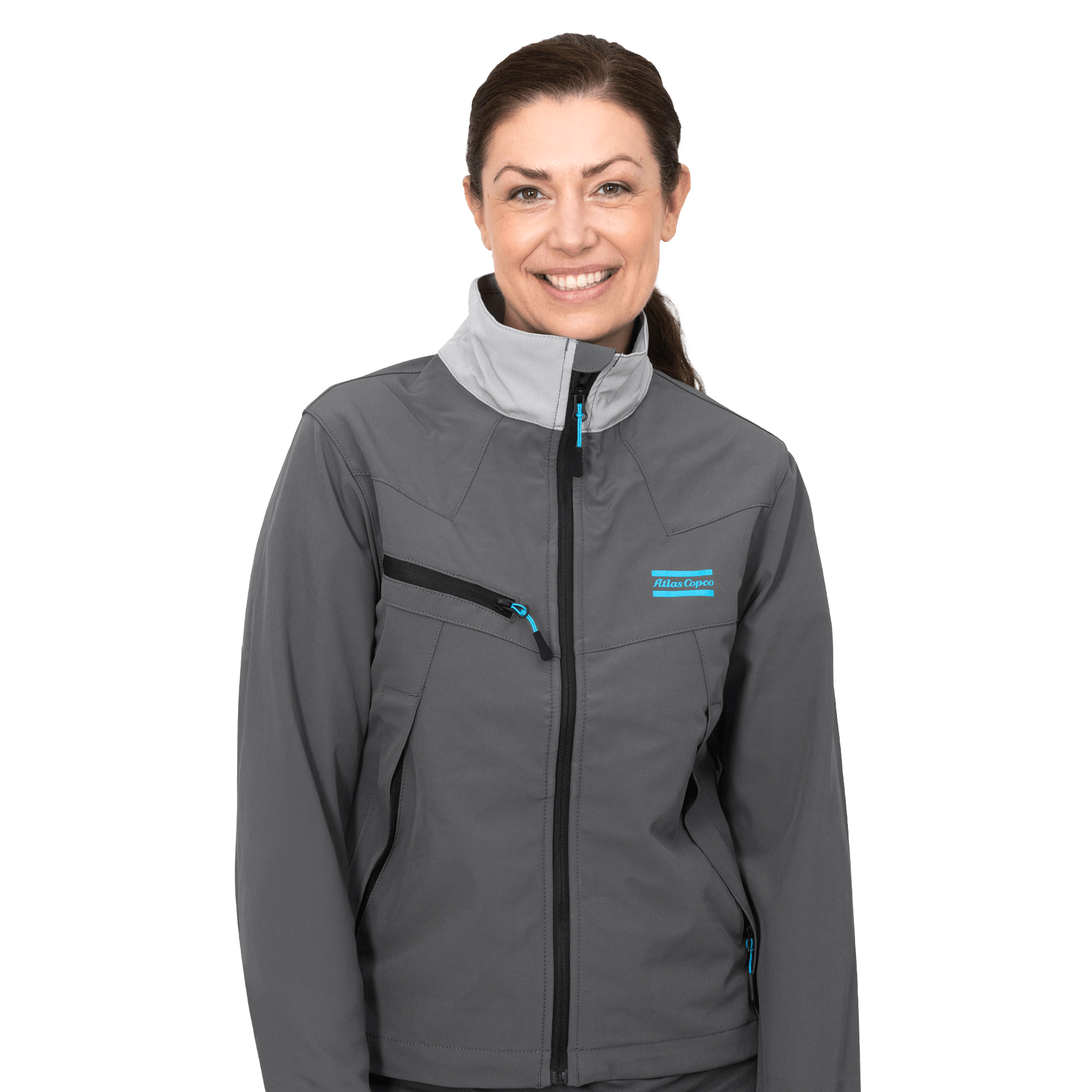 grey soft shell jacket with atlas copco logo in blue