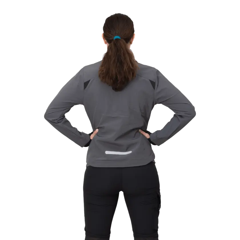 grey work wear jacket on female model from back