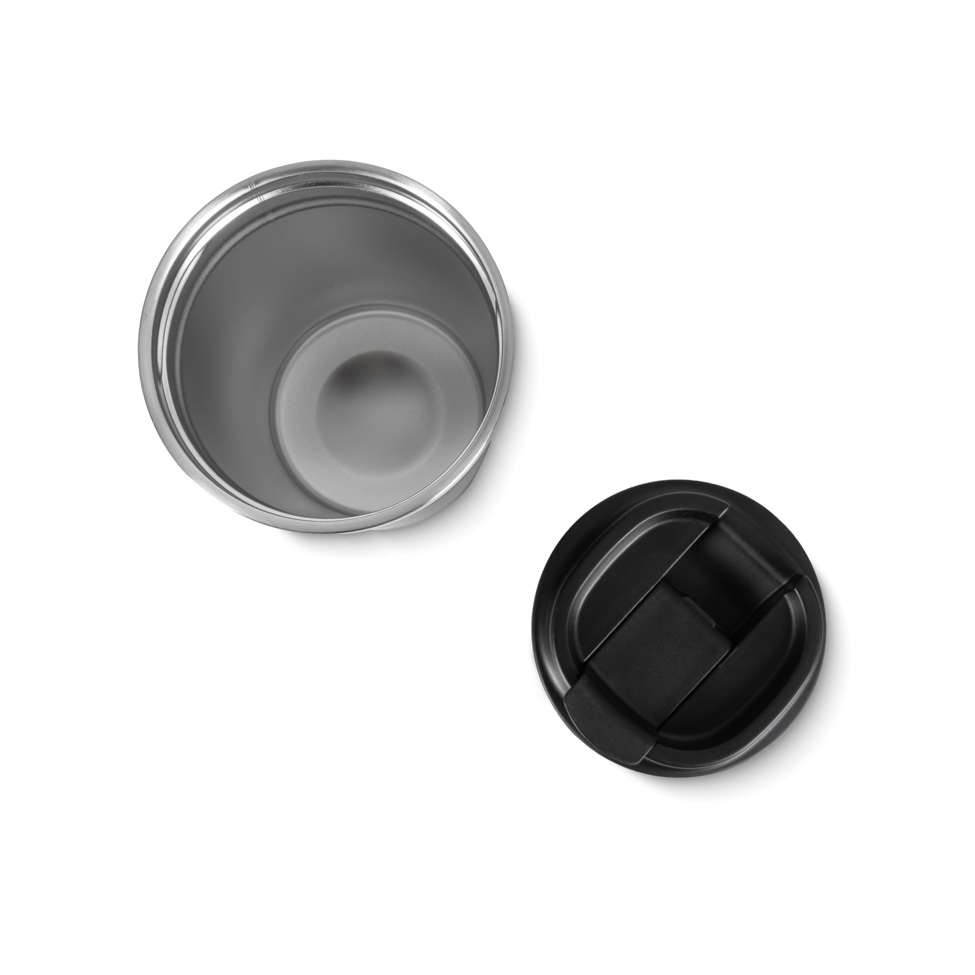 black travel mug with chicago pneumatic logo in red from top view