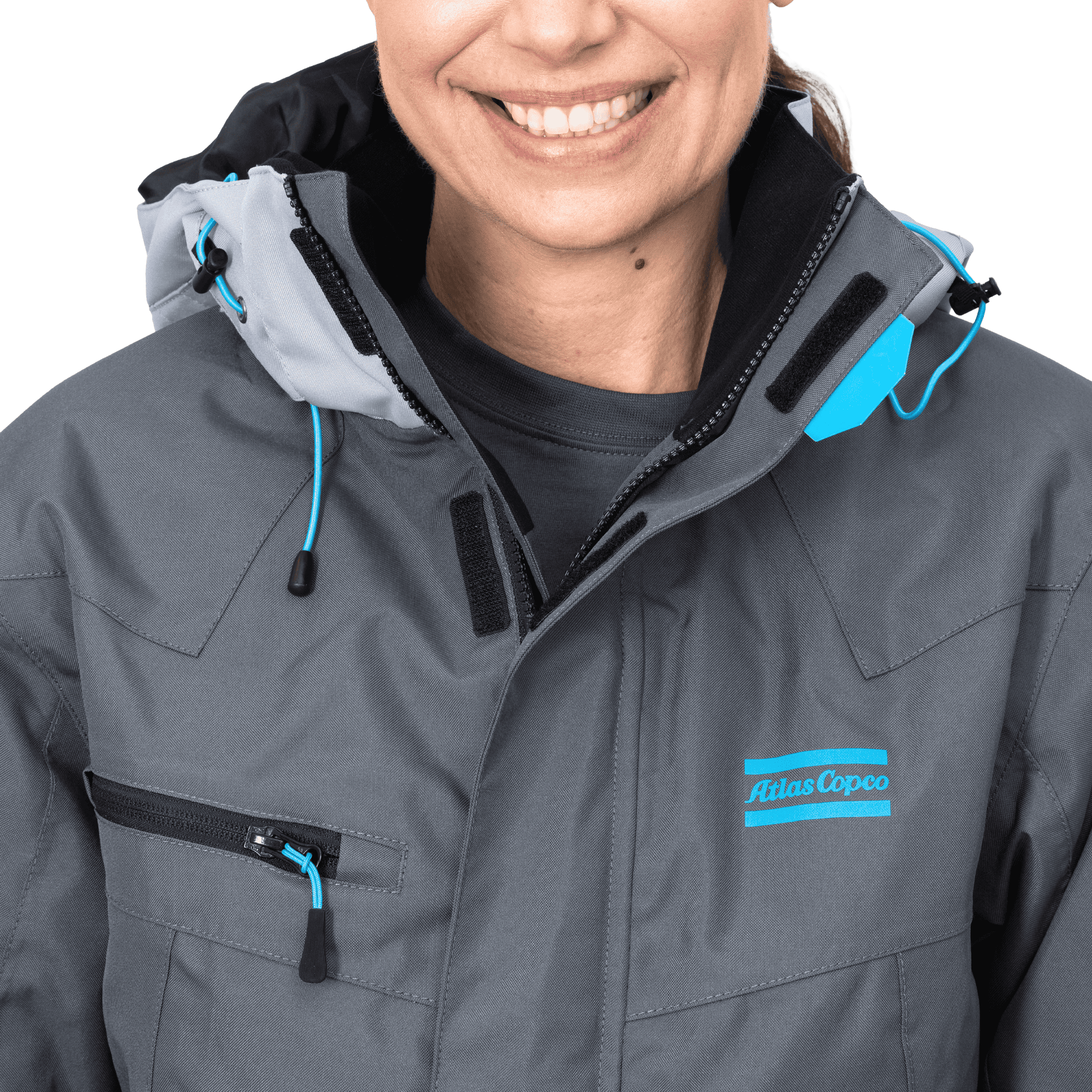 grey winter jacket zippers and velcro