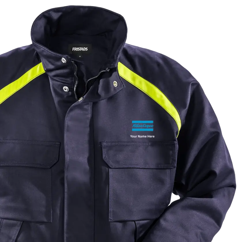 blue jacket with atals copco logo