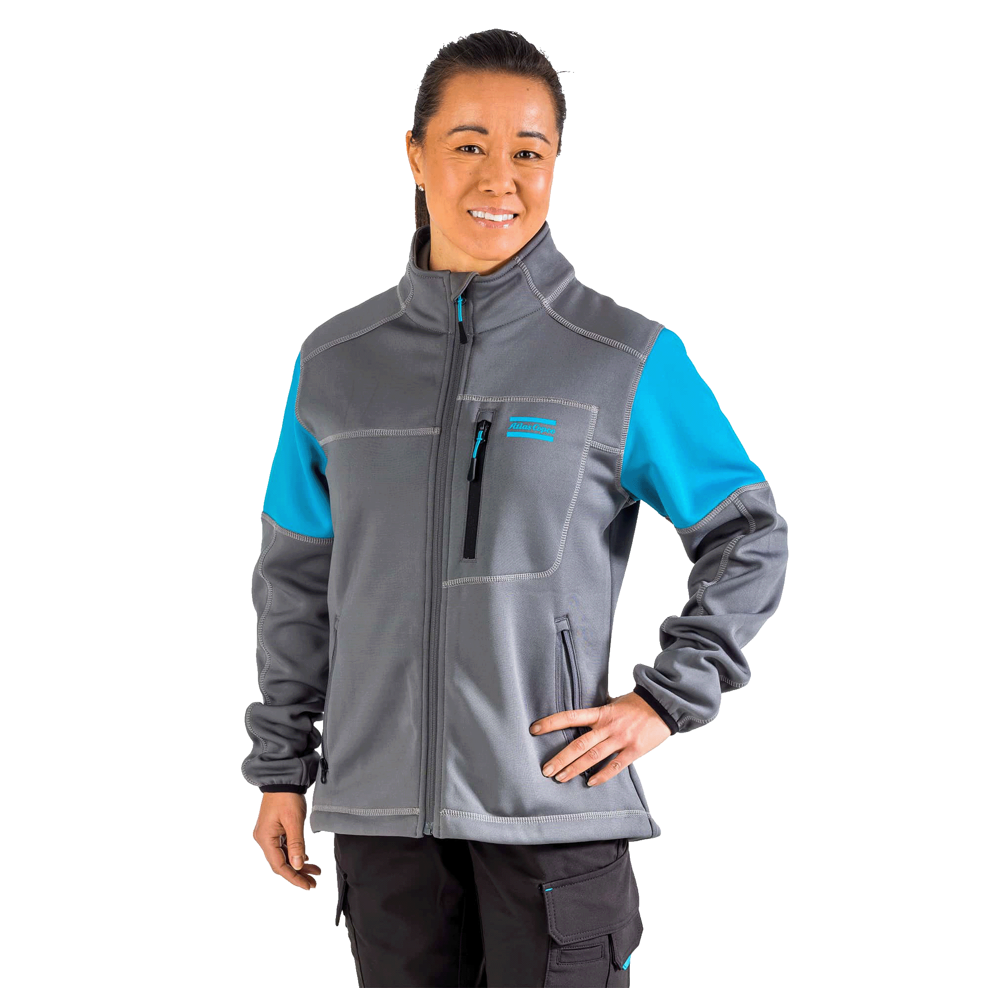 grey fleece jacket with atlas copco logo and blue sleeves
